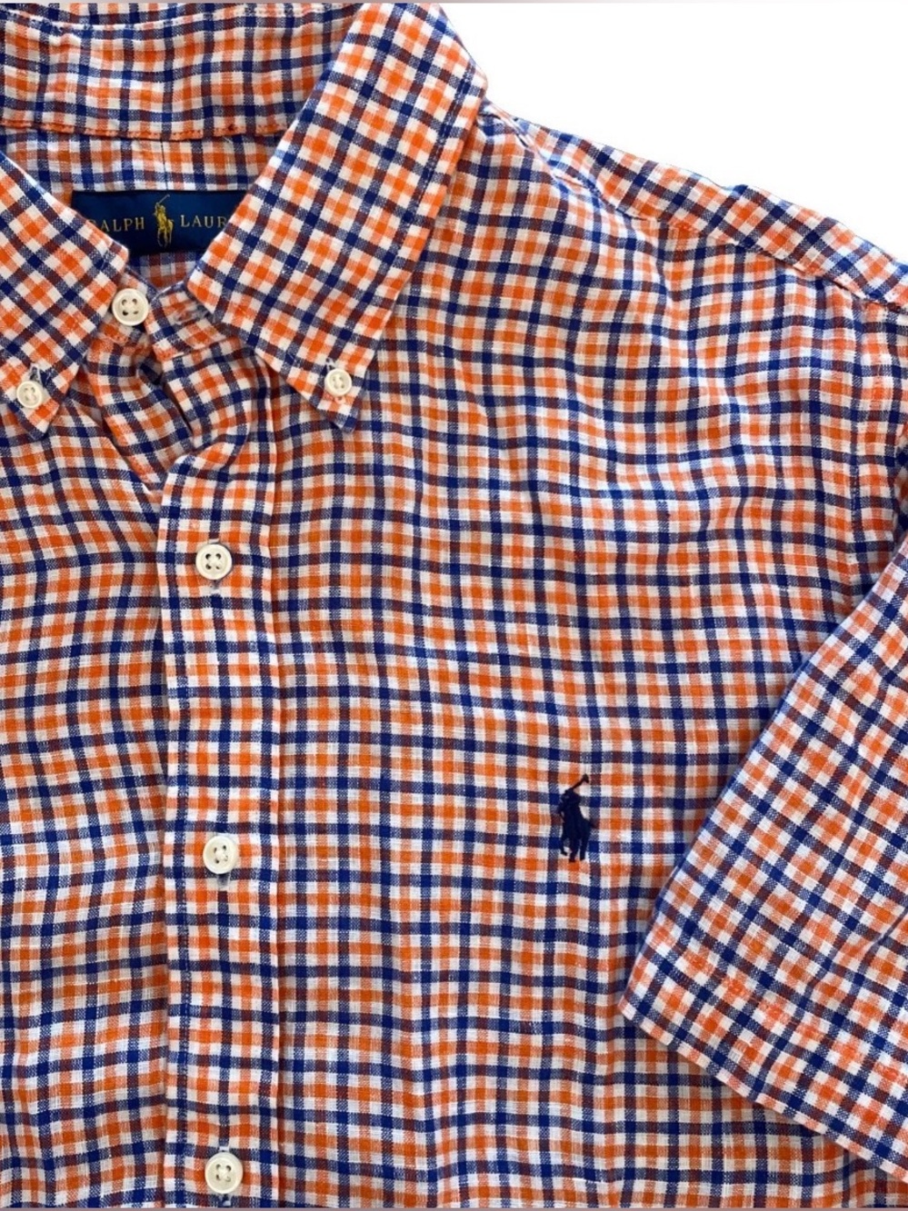 NWT Ralph Lauren Check 100% Linen Short Sleeve Button Down Shirt Men’s Large